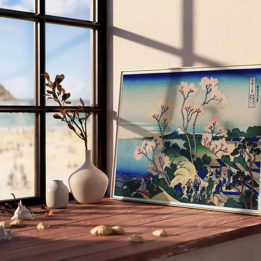 space vintage Japanese poster lush green serene blue tones exquisite wall art print timeless elegance room unique gift personal artwork