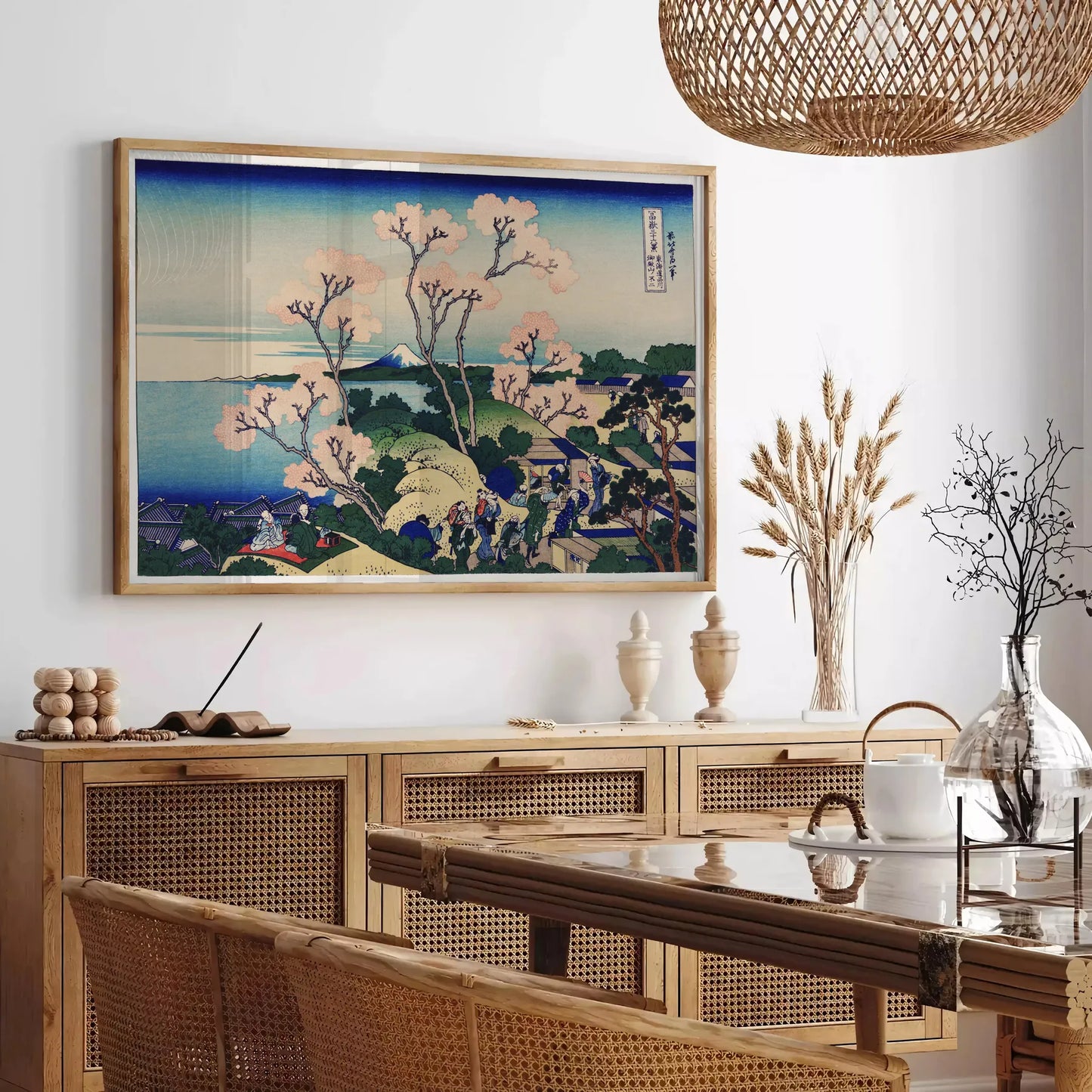 space vintage Japanese poster lush green serene blue tones exquisite wall art print timeless elegance room unique gift personal artwork