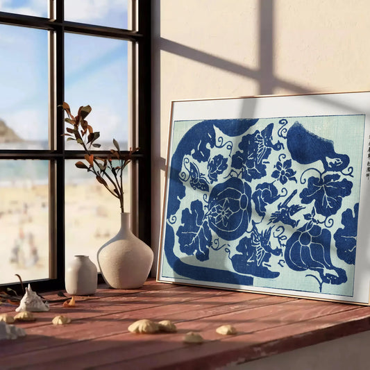 space vintage Japanese poster serene blue gray tones exquisite wall art perfect touch timeless elegance room thoughtful gift sizes A4 cm A0